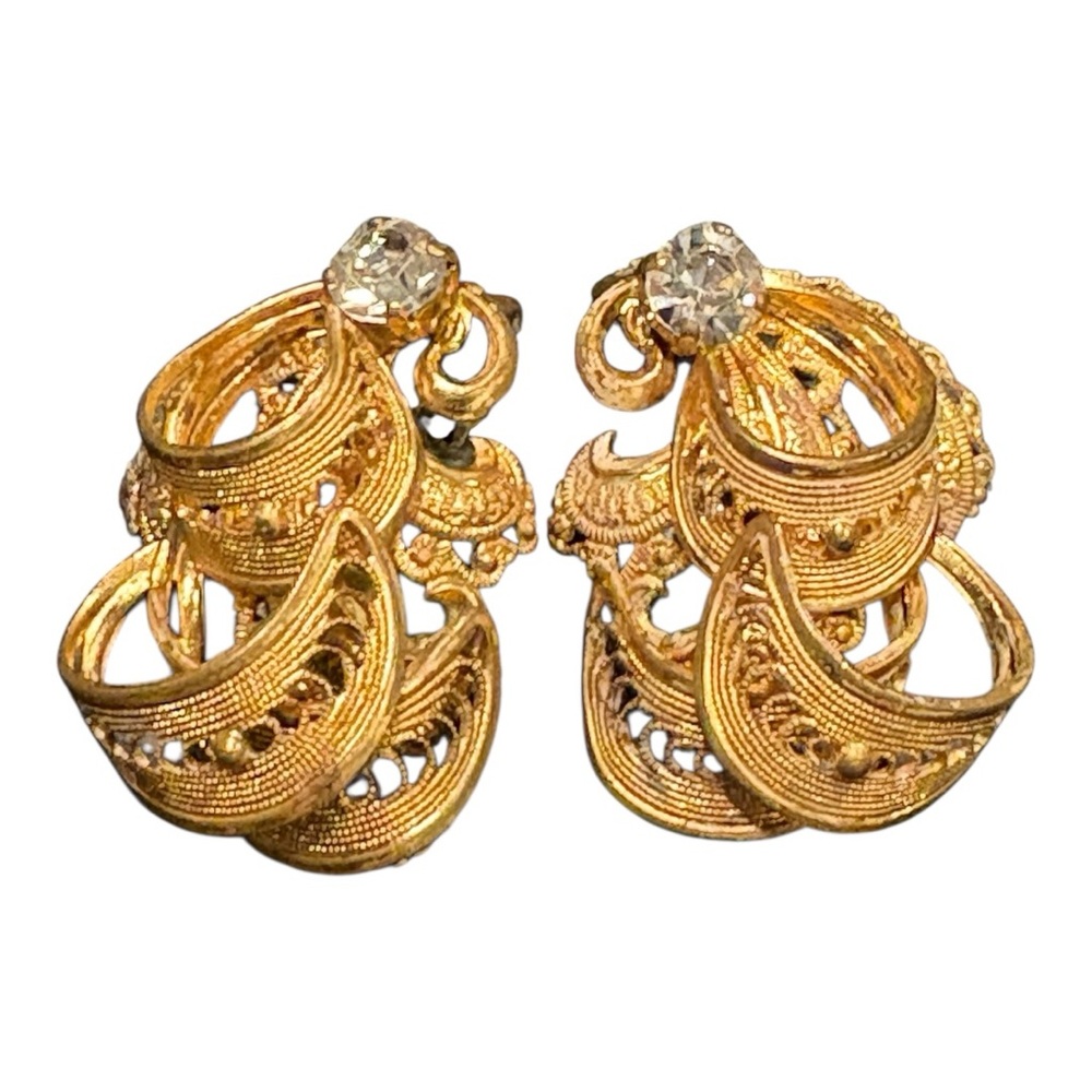 Delicate gold Filagree cubic zirconia clip on earrings. 1.75” x 1” JB5